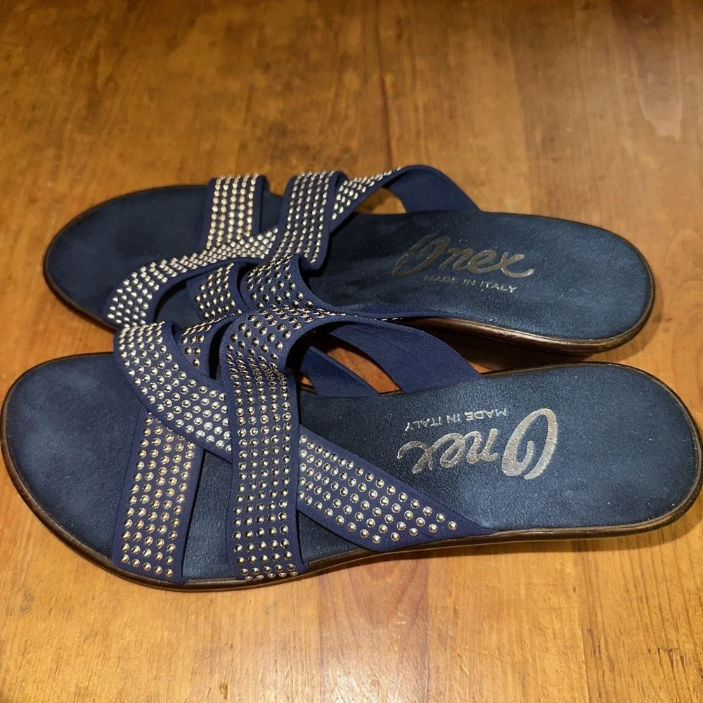 Onex Made in Italy Prelude Women's Wedge Sandal Shoes Navy With Rhinestones 8.5